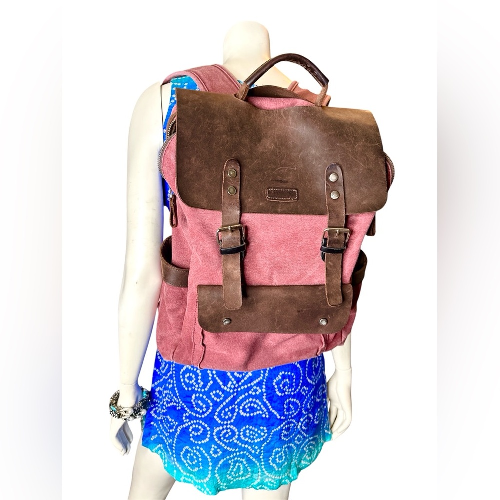 Pink and Brown Leather Canvas Backpack YUYUFA